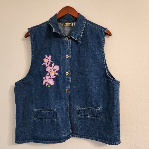 Vtg American Rave Denim Double Side Embroidered Collared Vest Size M, Cotton Y2K - Picture 1 of 14